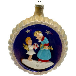 Vintage Shiny Brite Diorama Ornament Mica Angel Father Christmas Italy Plastic